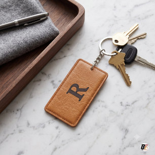 Porte-clés Monogramme R initial en faux cuir marron