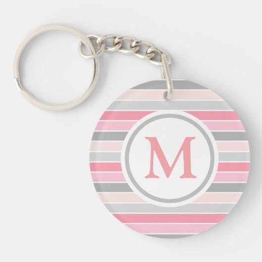 Porte-clés Monogramme rayé rose et gris (Devant)