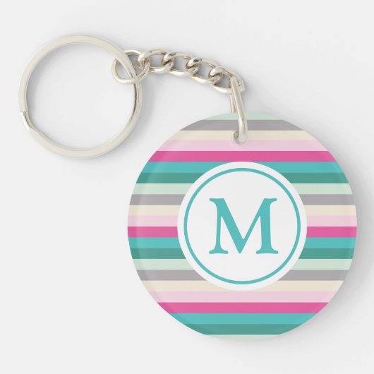 Porte-clés Monogramme rayé rose et vert (Devant)