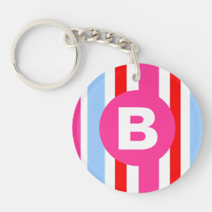 Porte-clés Monogramme rayures bonbons rose et bleu vif