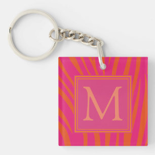 Porte-clés Monogramme rayures de zèbre rose et orange