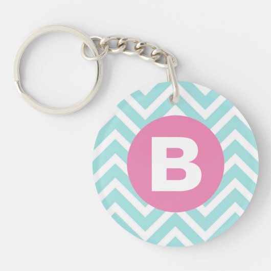 Porte-clés Monogramme rose chevron bleu clair tendance (Devant)