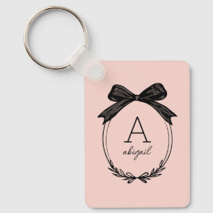 Porte-clés Monogramme Rose Pâle Ruban Noir Initiales Moderne
