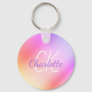 Porte-clés monogramme rose violet nom holographique