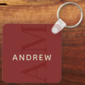 Porte-clés Monogramme rouge élégant avec nom (Verso)