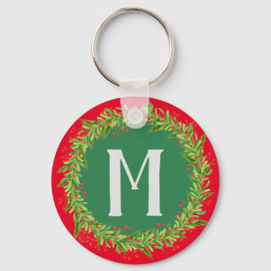 Porte-clés Monogramme rouge et vert couronne de Noël