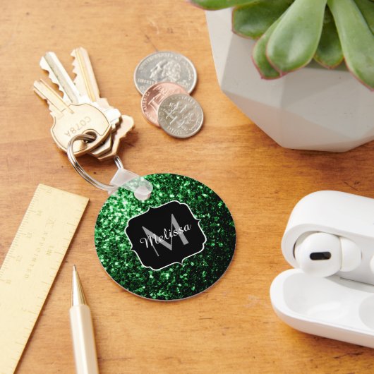Porte-clés Monogramme scintillant de faux paillettes vert fon (Bureau)