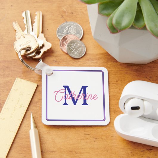 Porte-clés Monogramme simple rose et bleu marine Prépa (Bureau)