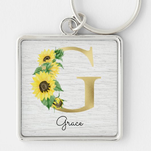 Porte-clés Monogramme Soleil Doré Fleur Initiale Féminin G (Devant)
