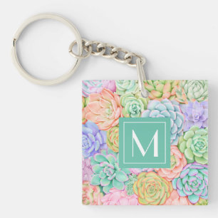 Porte-clés Monogramme Succulents Aquarelle Pastel coloré
