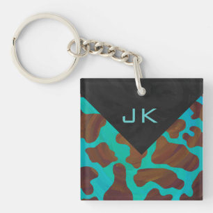 Porte-clés Monogramme Vache Impression Brown et Turquoise
