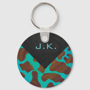 Porte-clés Monogramme Vache Impression Brown et Turquoise