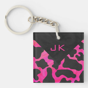 Porte-clés Monogramme Vache Imprimé Rose Chaud et Noir
