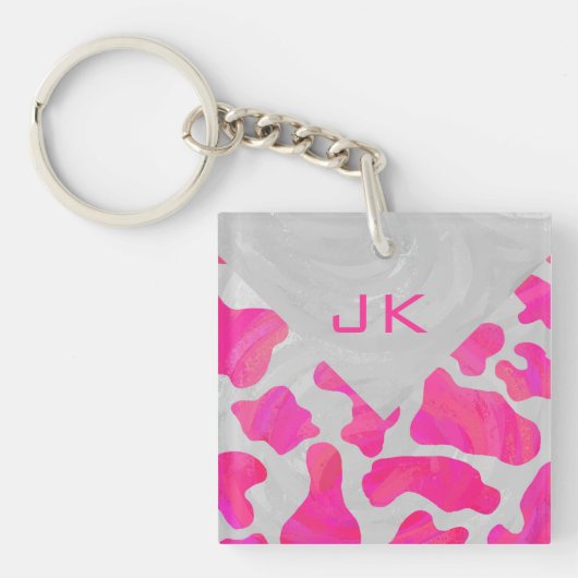 Porte-clés Monogramme Vache Rose Chaud et Imprimé Blanc (Devant)