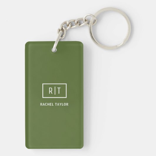 Porte-clés Monogramme vert d'olive foncé moderne (Dos)