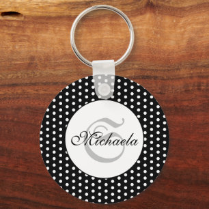 Porte-clés Monogramme vintage rétro à pois noir et blanc