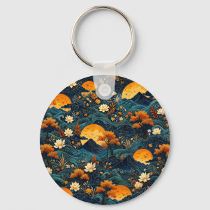 Porte-clés Montagne de Lune Dorée Motif Floral de Lotus sous