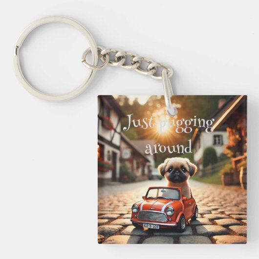 Porte-clés Mops dans la voiture Mini Morris (Devant)