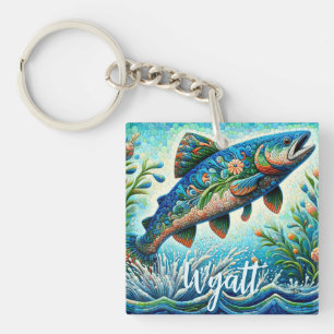 Porte-clés Mosaïque florale bleue personnalisée de saumon qui