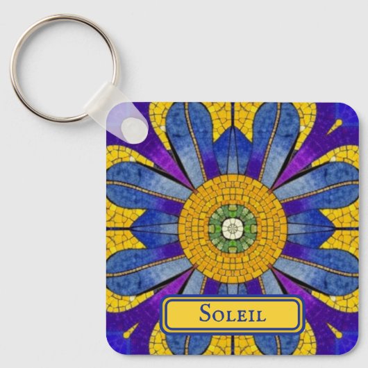 Porte-clés Mosaïque provençale jaune et bleu ajouter du texte (Recto)
