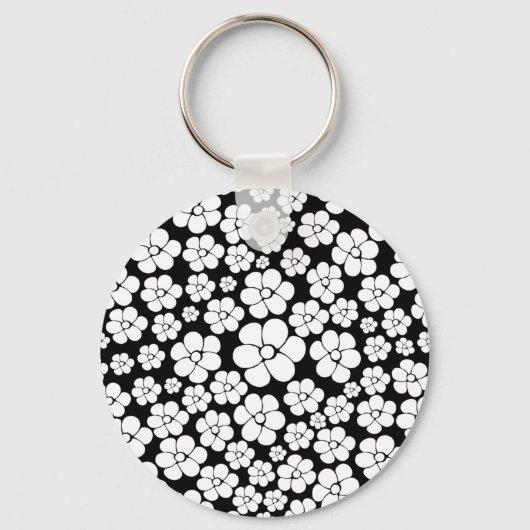Porte-clés Motif à fleurs - Blanc sur Noir (Recto)