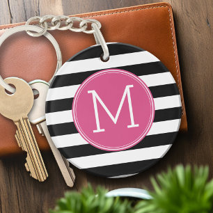 Porte-clés Motif à rayures noir et blanc Monogramme rose cha