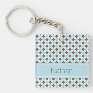 Porte-clés Motif Argyle Personnalisé Bleu et Marron Élégant