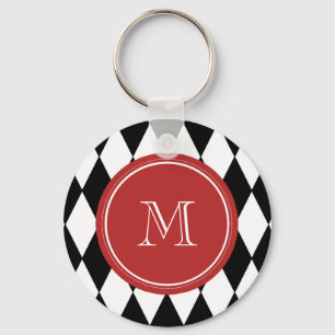 Porte-clés Motif Arlequin blanc noir, Monogramme rouge