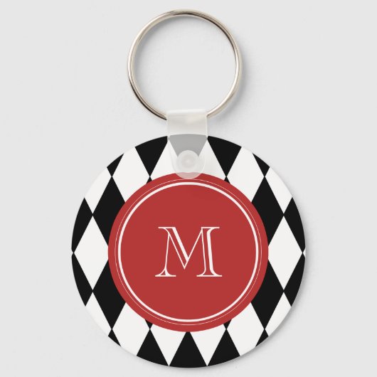 Porte-clés Motif Arlequin blanc noir, Monogramme rouge (Recto)