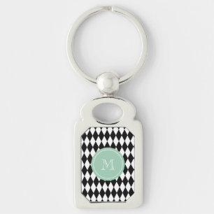 Porte-clés Motif blanc noir de harlequin, monogramme vert en