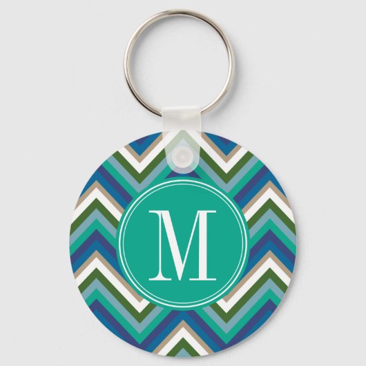 Porte-clés Motif Chevron bleu et Turquoise avec Monogram (Recto)