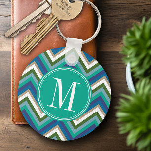 Porte-clés Motif Chevron bleu et Turquoise avec Monogram
