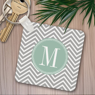 Porte-clés Motif Chevron gris et vert menthe avec Monogramme