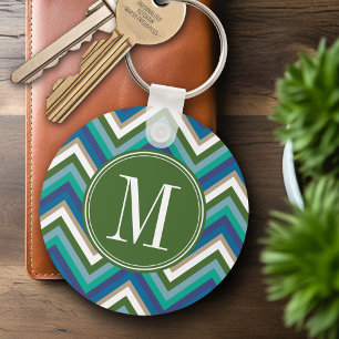 Porte-clés Motif Chevron vert et Turquoise avec Monogram