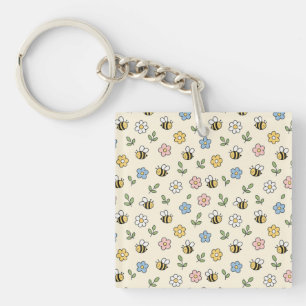 Porte-clés Motif d'abeille cartoonesque et de fleurs