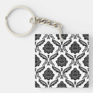 Porte-clés Motif Damassé Rococo Noir sur Blanc