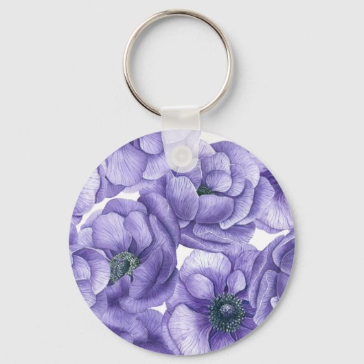Porte-clés Motif d'aquarelle de fleurs d'anémone violet (Recto)