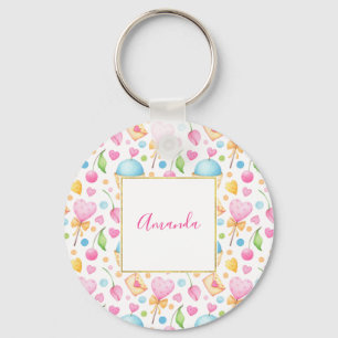 Porte-clés Motif d'aquarelle douce Coeurs et Cupcakes
