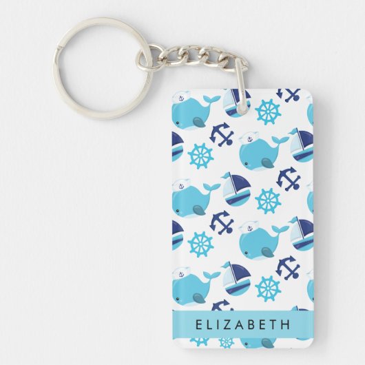 Porte-clés Motif De Baleines, Baleines Bleues, Votre Nom (Devant)