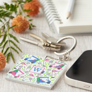Porte-clés Motif de chariot de golf rose et bleu Monogramme B