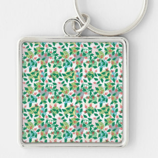 Porte-clés Motif de feuille botanique verte avec fleurs rouge