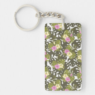 Porte-clés Motif de feuilles de jungle tropicale et d'hibiscu