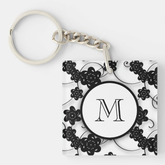Porte-clés Motif de fleurs noir mignon de mod, votre initiale (Devant)