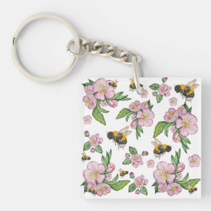 Porte-clés Motif de l'aquarelle des pommiers et des abeilles
