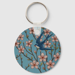 Porte-clés Motif de l'hirondelle florale rétro bleu par Walte