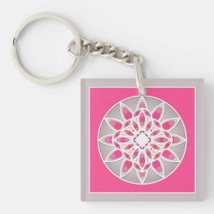 Porte-clés Motif de mandala en rose fuchsia, blanc et gris