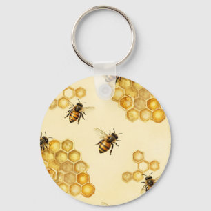 Porte-clés Motif de nid d'abeille à miel à l'aquarelle