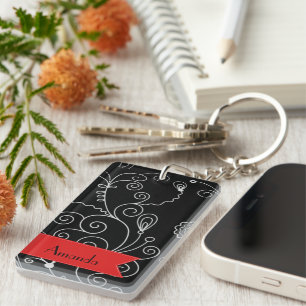 Porte-clés Motif de perles, noir et blanc, votre nom