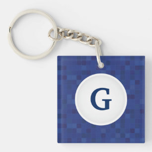 Porte-clés Motif de pixel en mosaïque bleue monogramme person