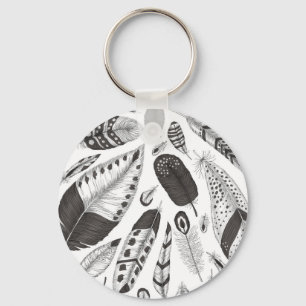 Porte-clés Motif de plumes noir et blanc